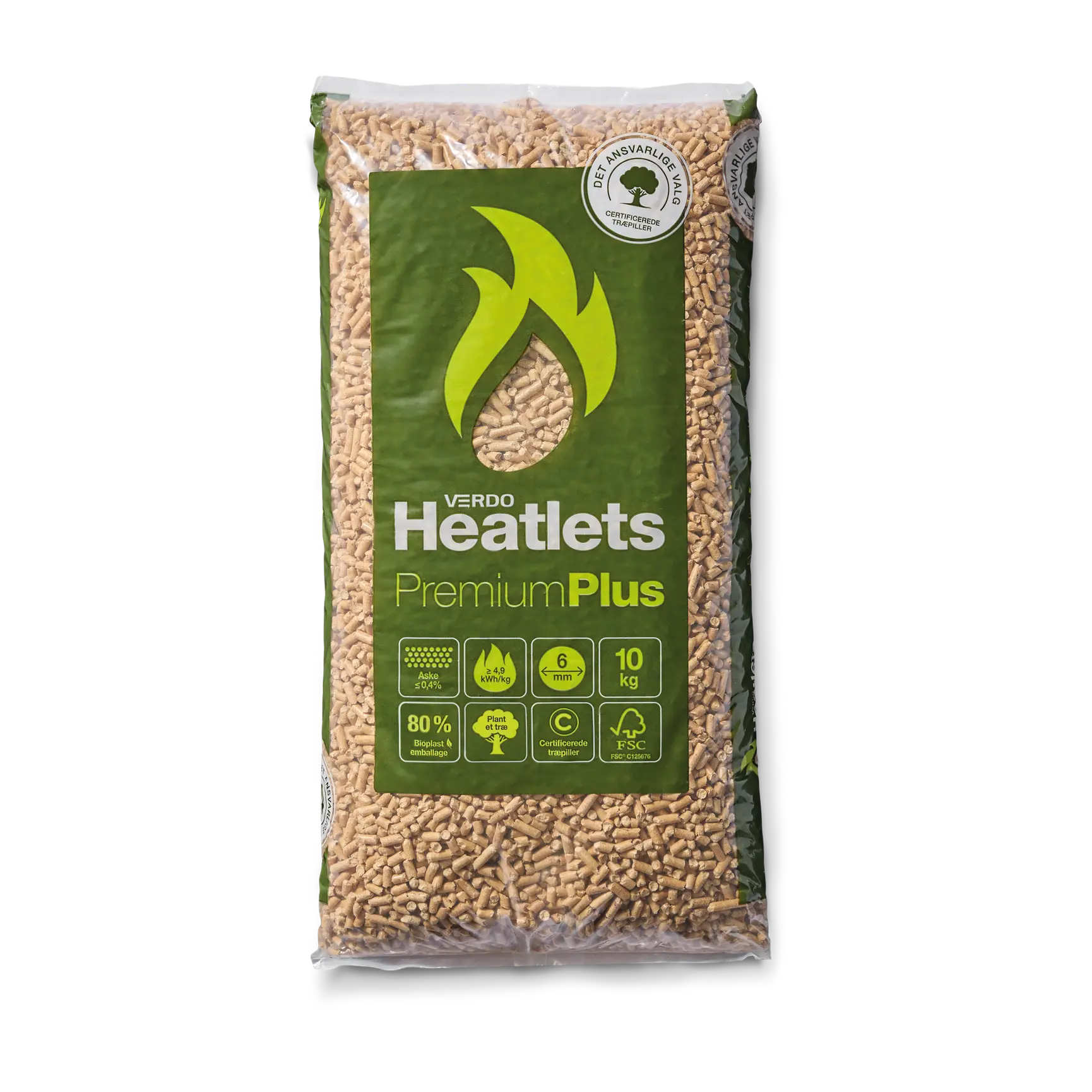 Heatlets PremiumPlus FSC® træpiller 6 mm · 10 kg pr. pose · 900 kg pr. palle