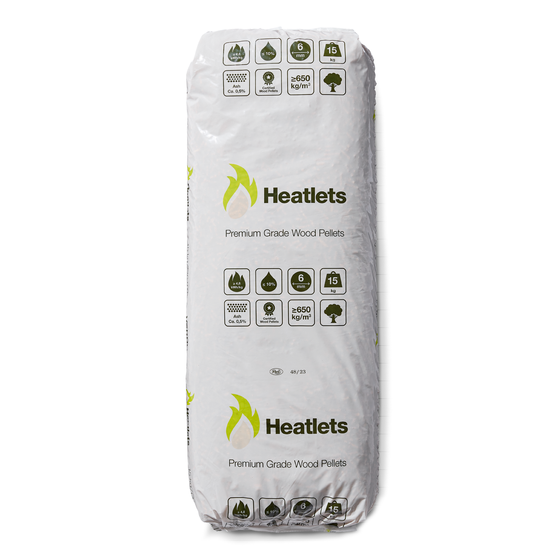 Heatlets træpiller 6 mm · 15 kg pr. pose · 900 kg pr. palle