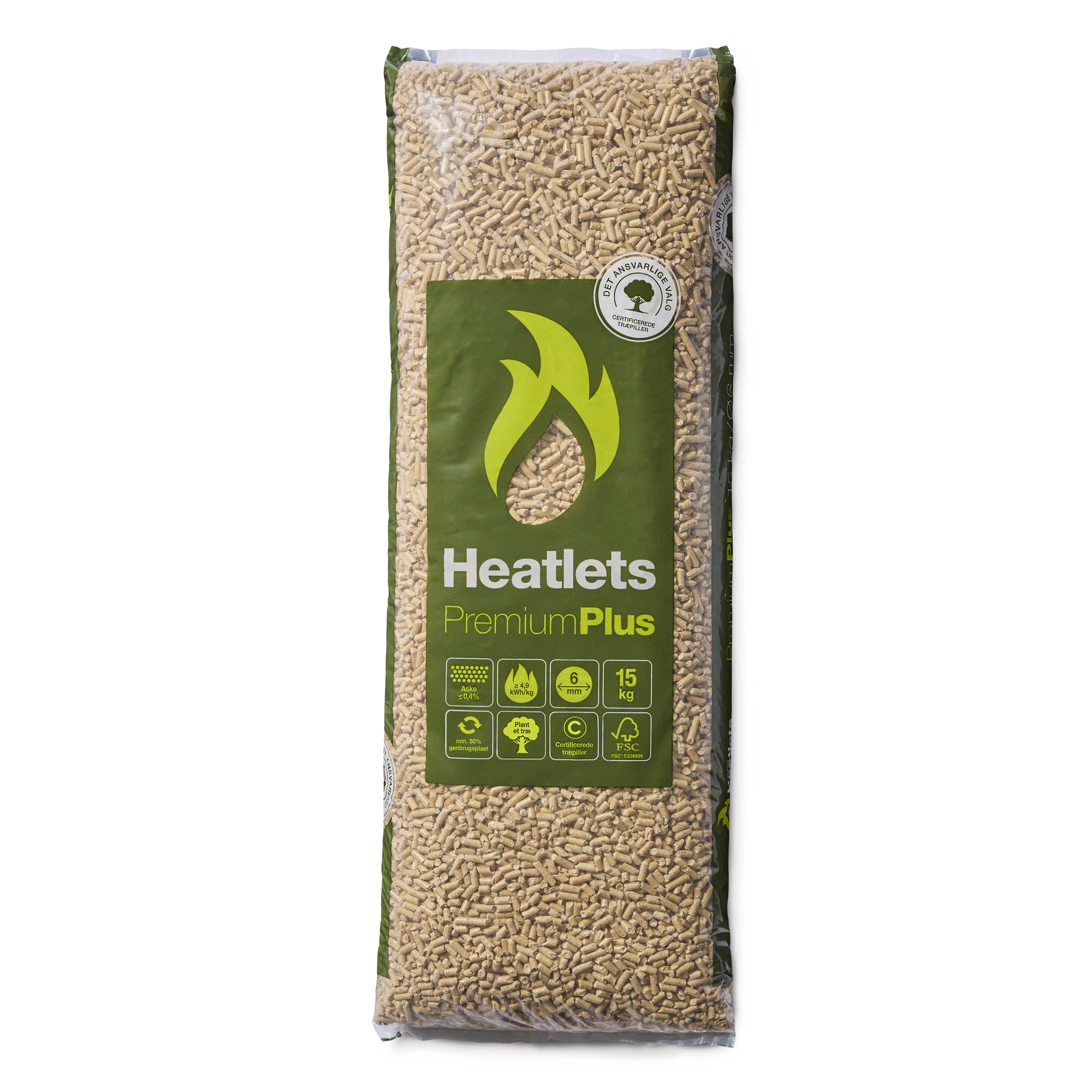 Heatlets PremiumPlus FSC® træpiller 6 mm · 15 kg pr. pose · 900 kg pr. palle