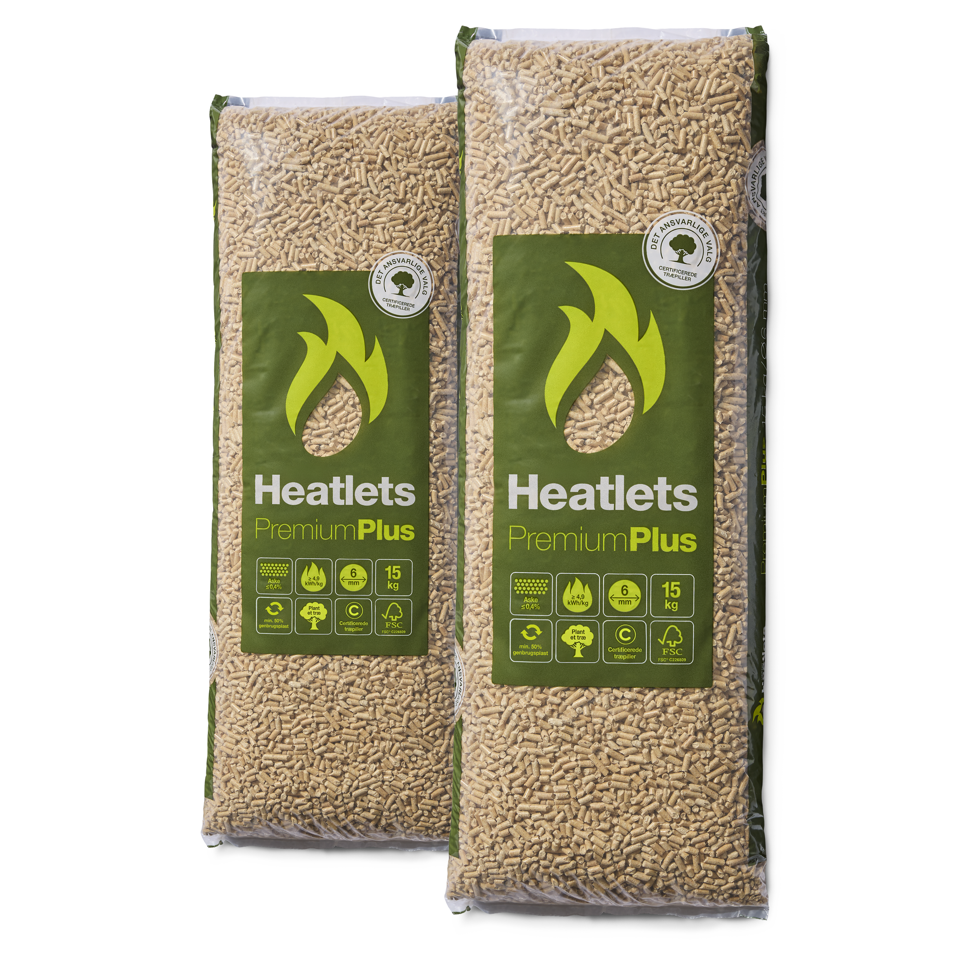 Heatlets PremiumPlus FSC® træpiller 6 mm · 15 kg pr. pose · 900 kg pr. palle