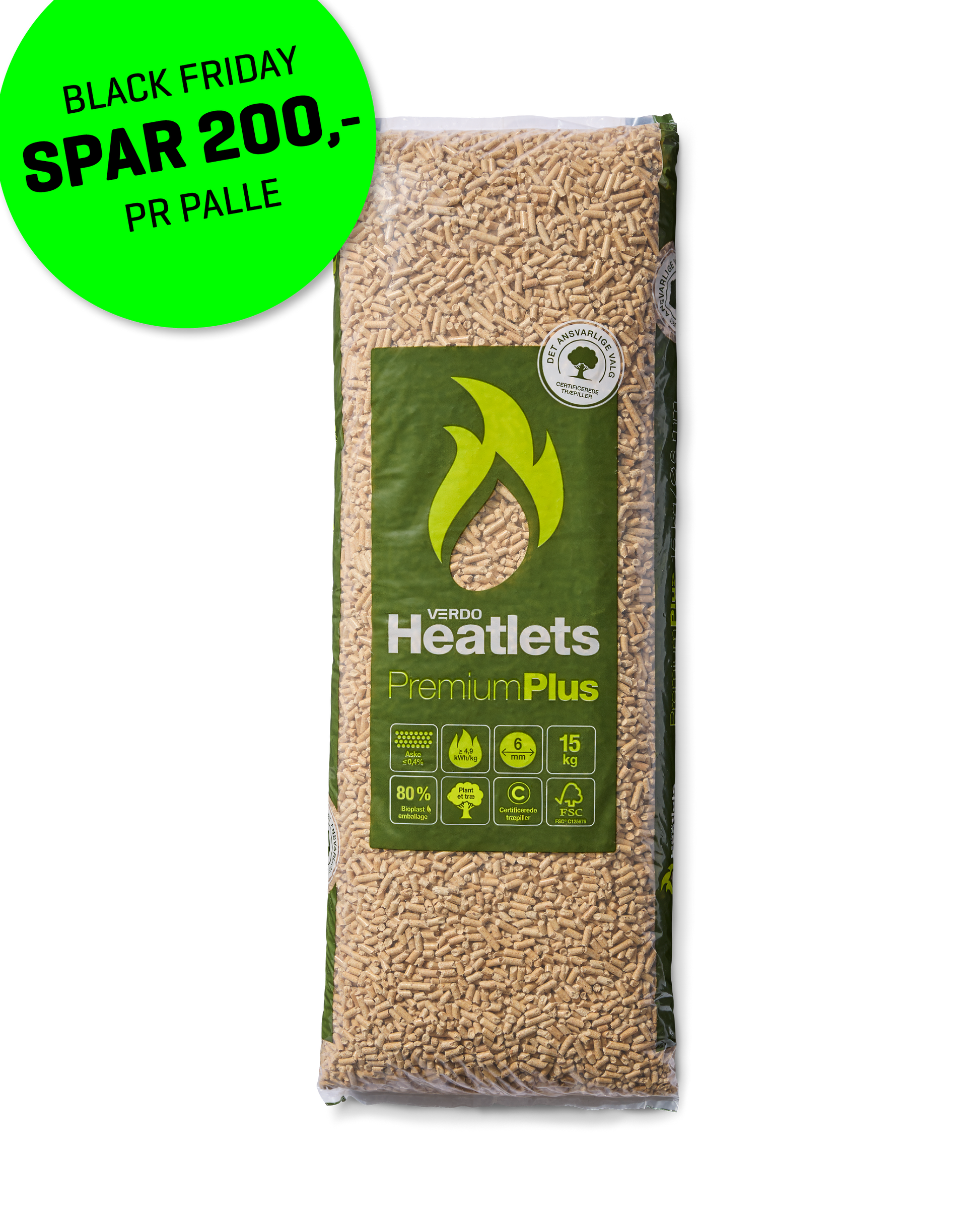 Heatlets PremiumPlus FSC® træpiller 6 mm · 15 kg pr. pose · 900 kg pr. palle