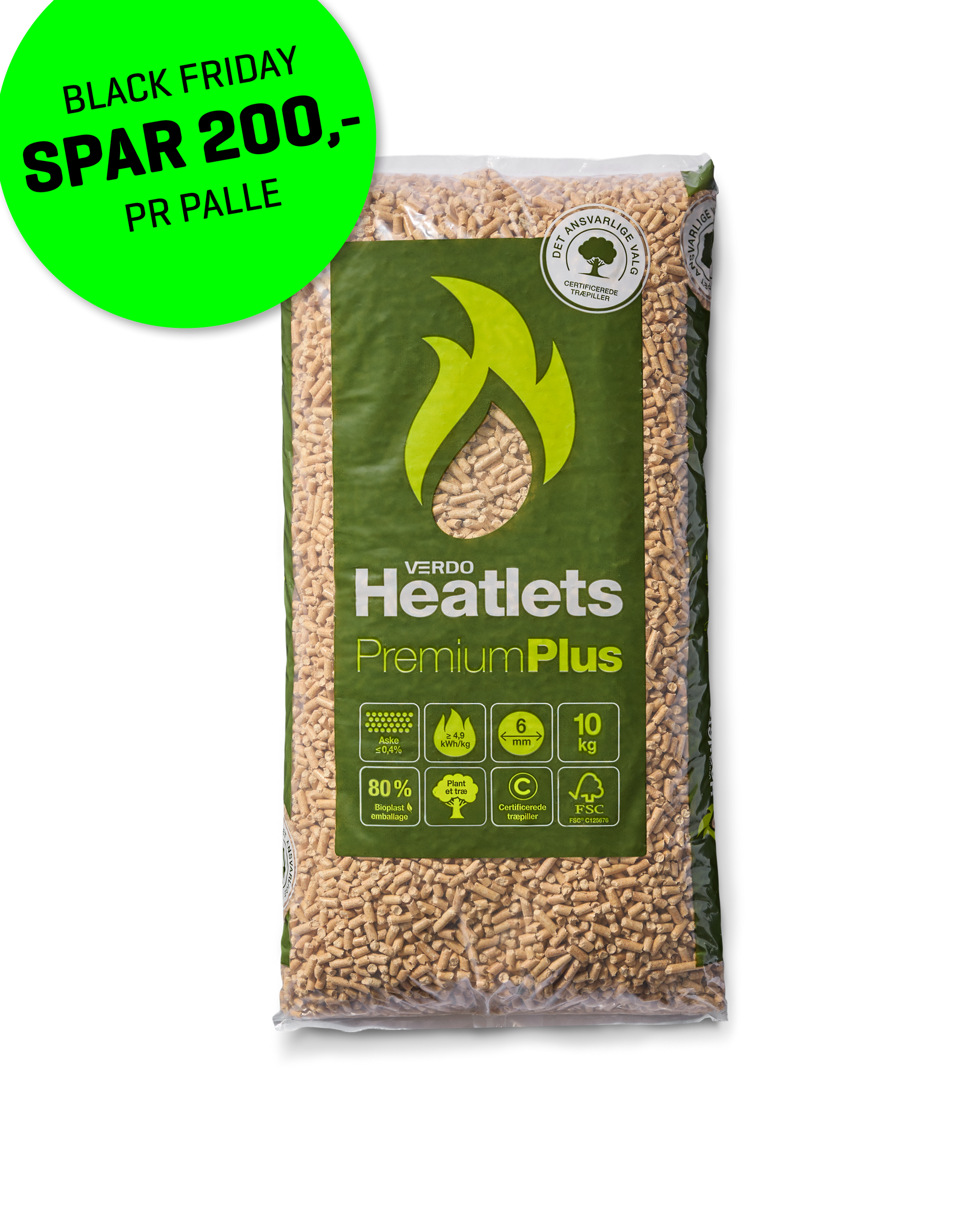 Heatlets PremiumPlus FSC® træpiller 6 mm · 10 kg pr. pose · 900 kg pr. palle