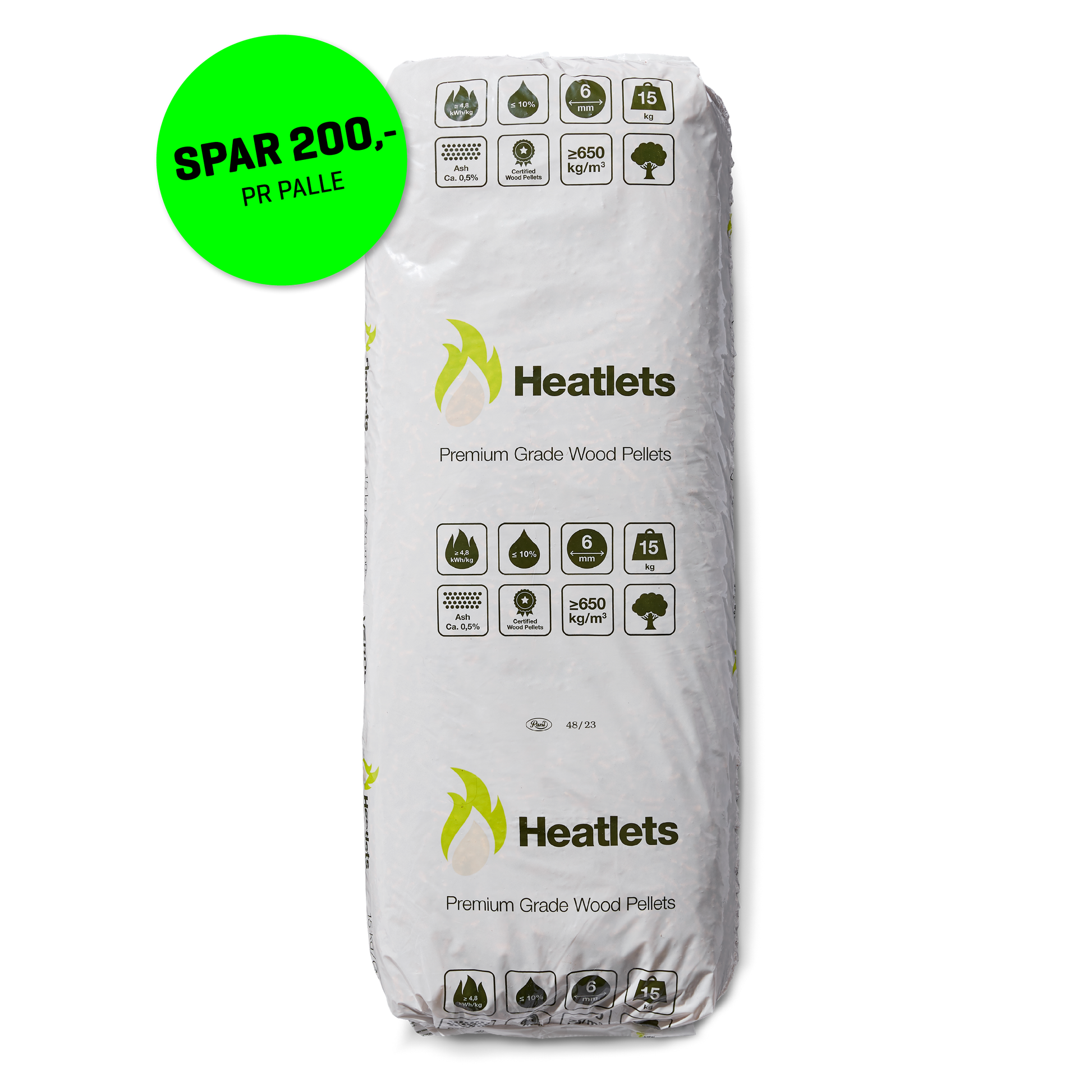 Heatlets træpiller 6 mm · 15 kg pr. pose · 900 kg pr. palle