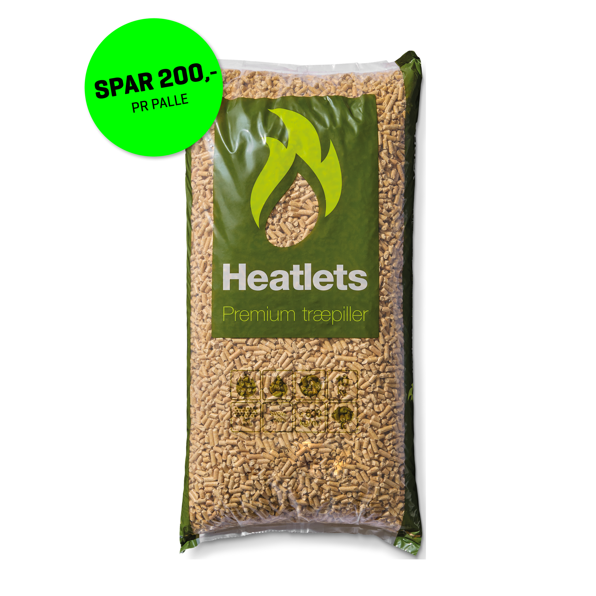 Heatlets Premium træpiller 6 mm · 10 kg pr. pose · 900 kg pr. palle