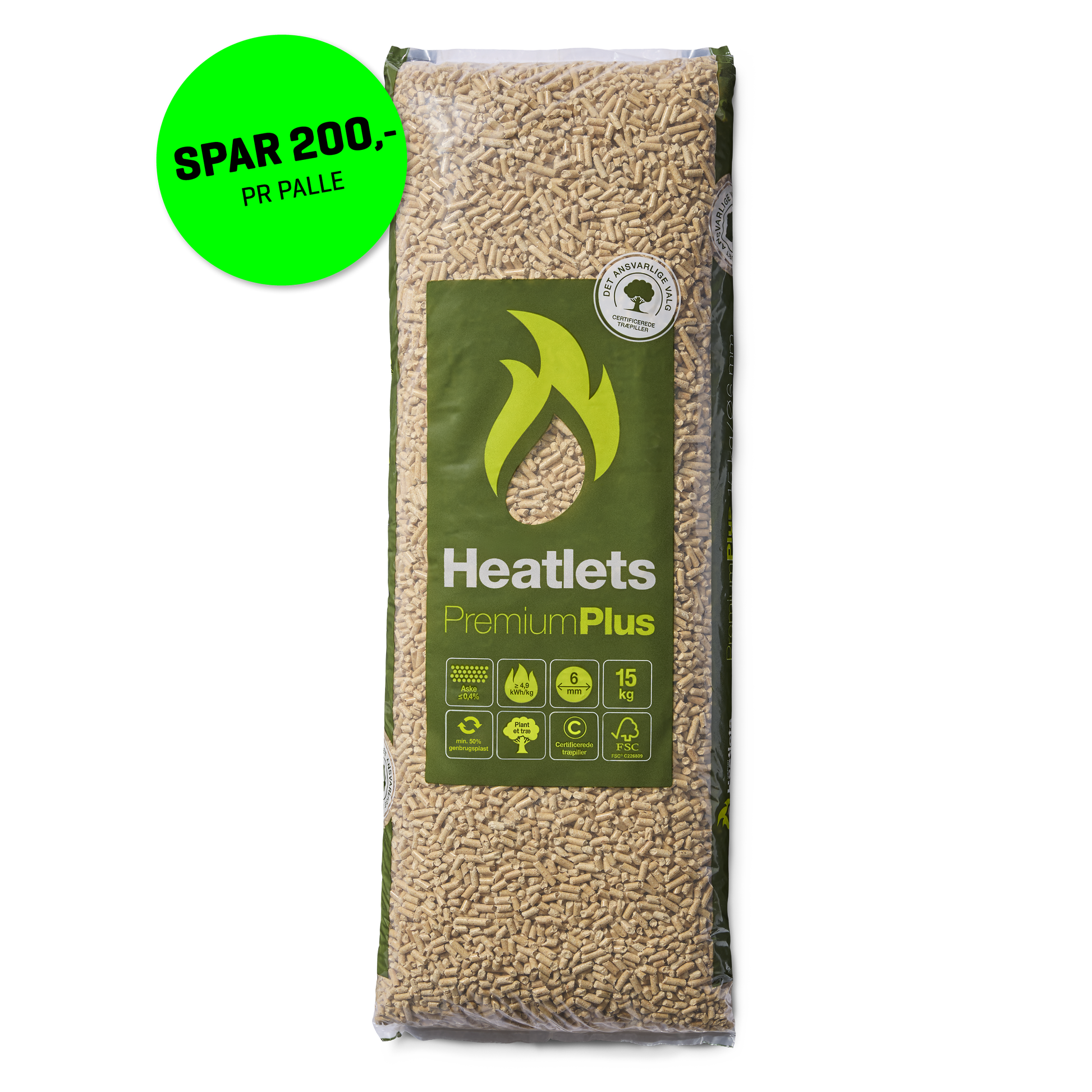 Heatlets PremiumPlus FSC® træpiller 6 mm · 15 kg pr. pose · 900 kg pr. palle
