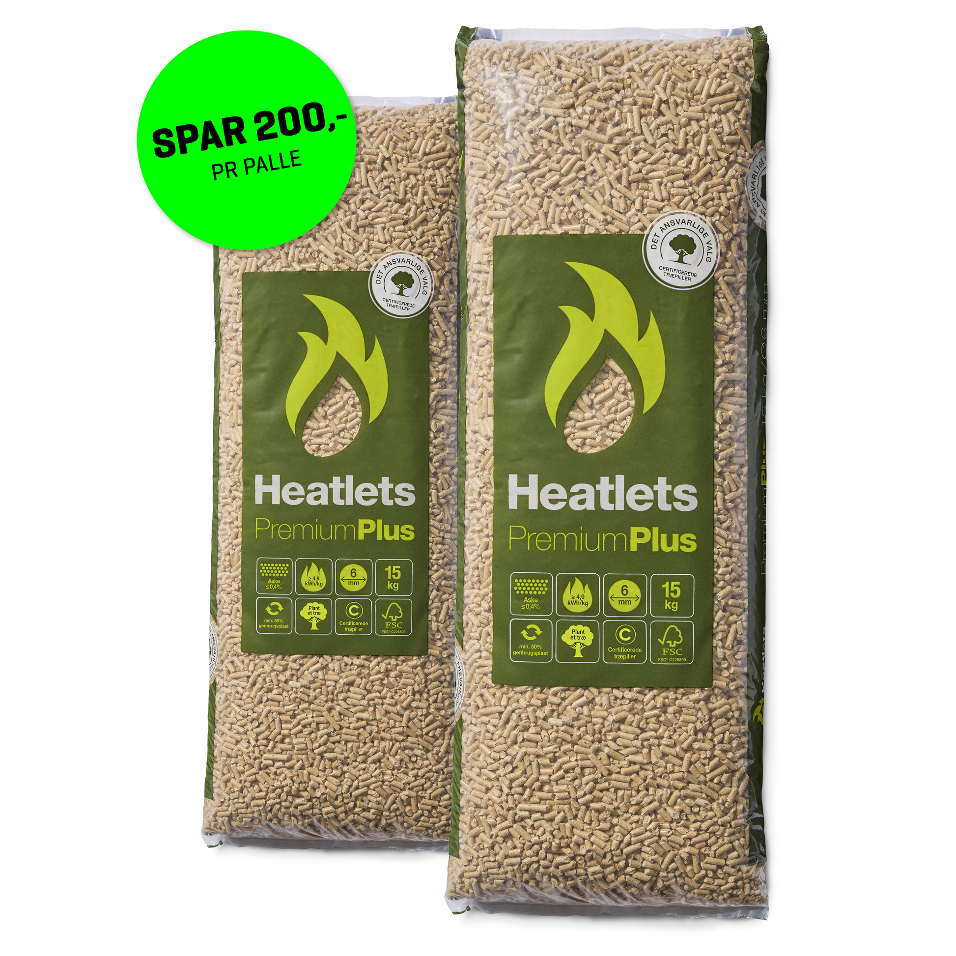 Heatlets PremiumPlus FSC® træpiller 6 mm · 15 kg pr. pose · 900 kg pr. palle