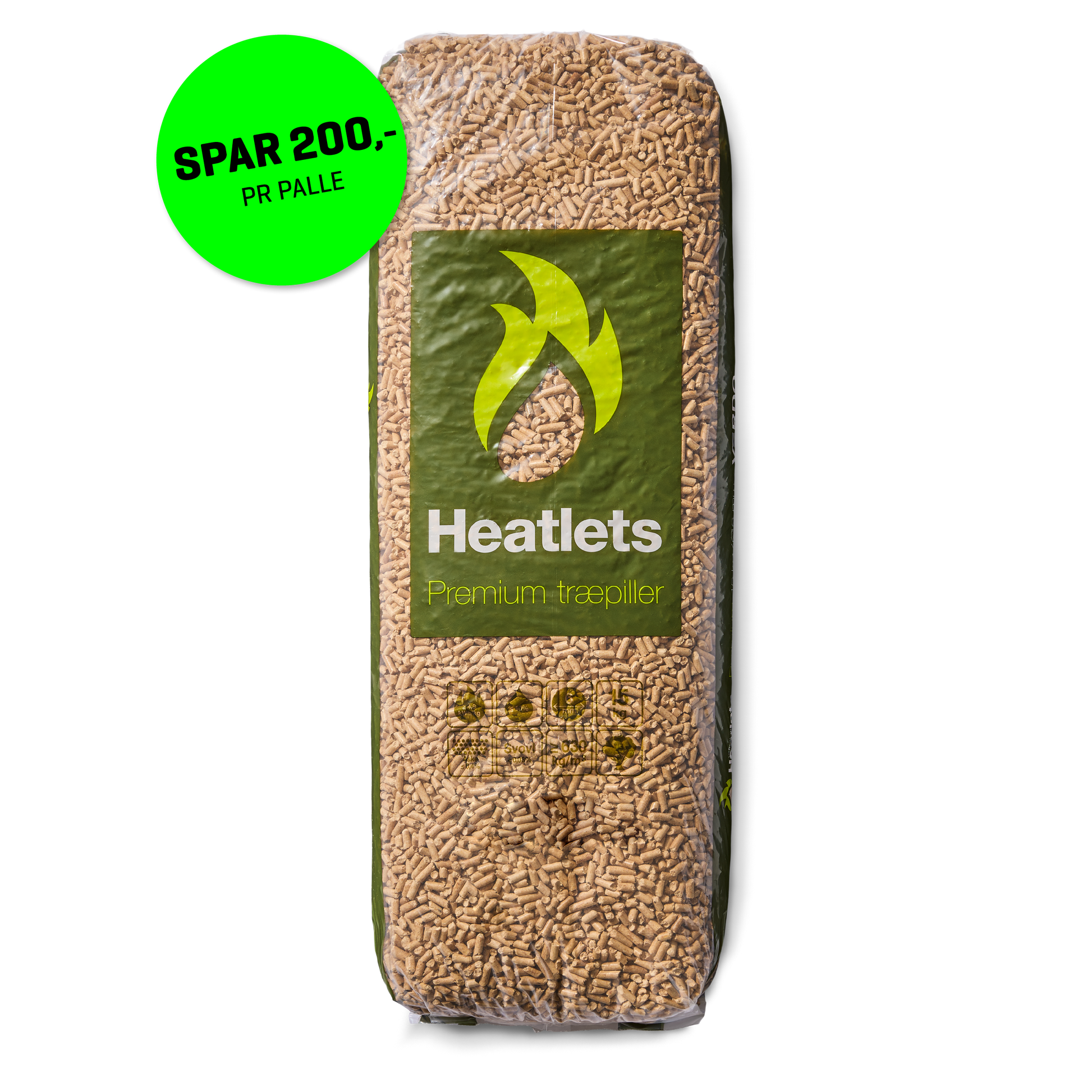 Heatlets Premium træpiller 6 mm · 15 kg pr. pose · 900 kg pr. palle