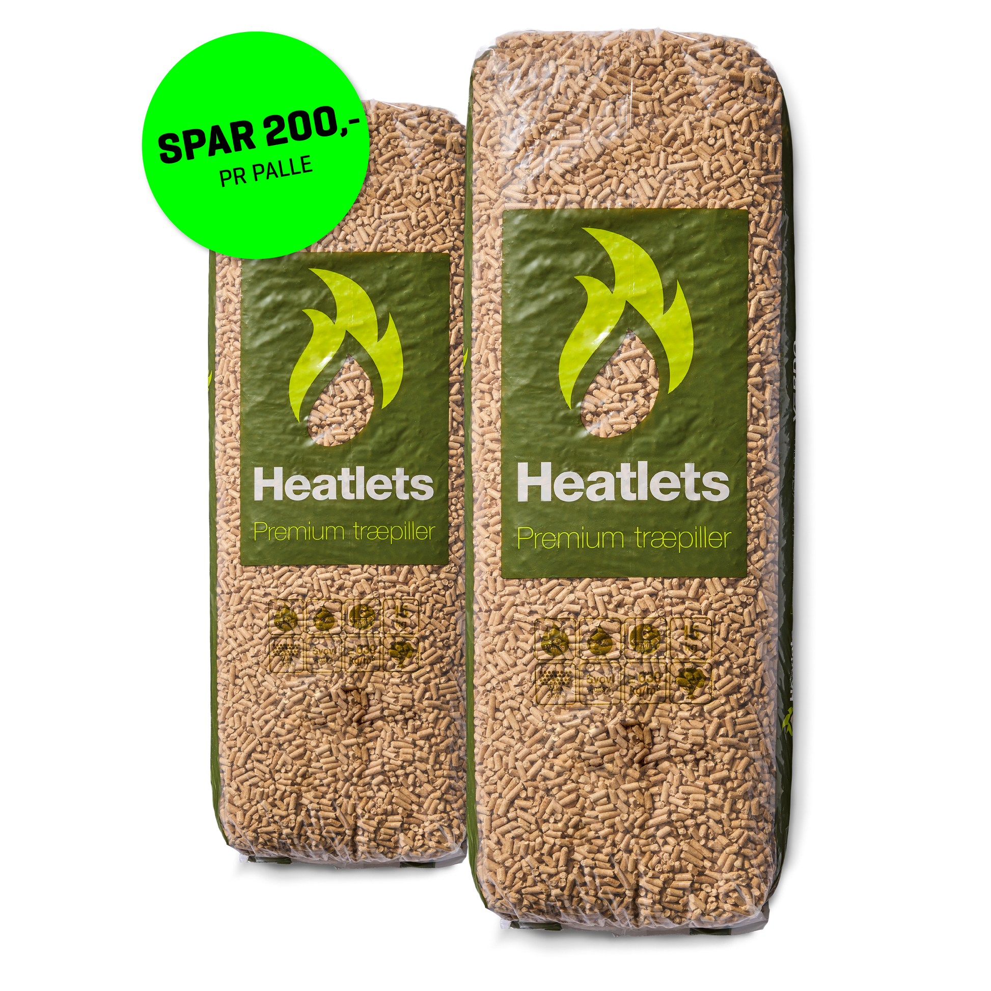 Heatlets Premium træpiller 6 mm · 15 kg pr. pose · 900 kg pr. palle