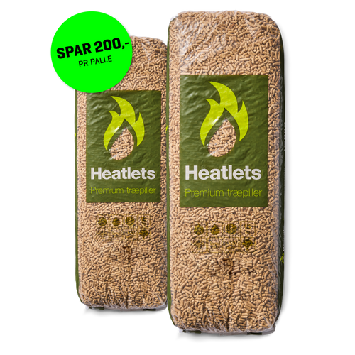 Heatlets Premium træpiller 6 mm · 15 kg pr. pose · 900 kg pr. palle