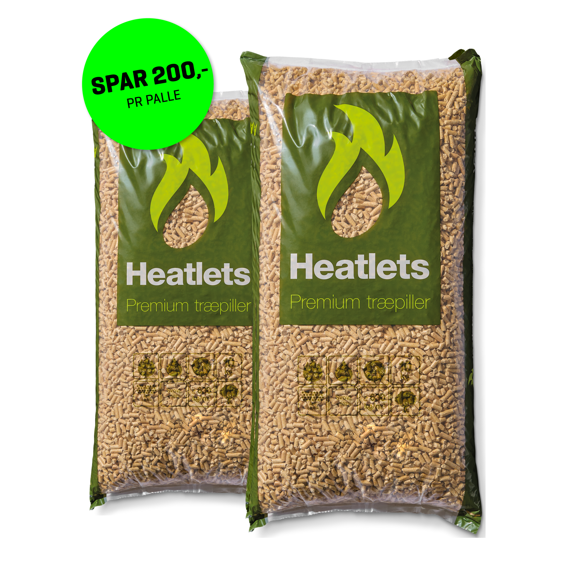 Heatlets Premium træpiller 6 mm · 10 kg pr. pose · 900 kg pr. palle