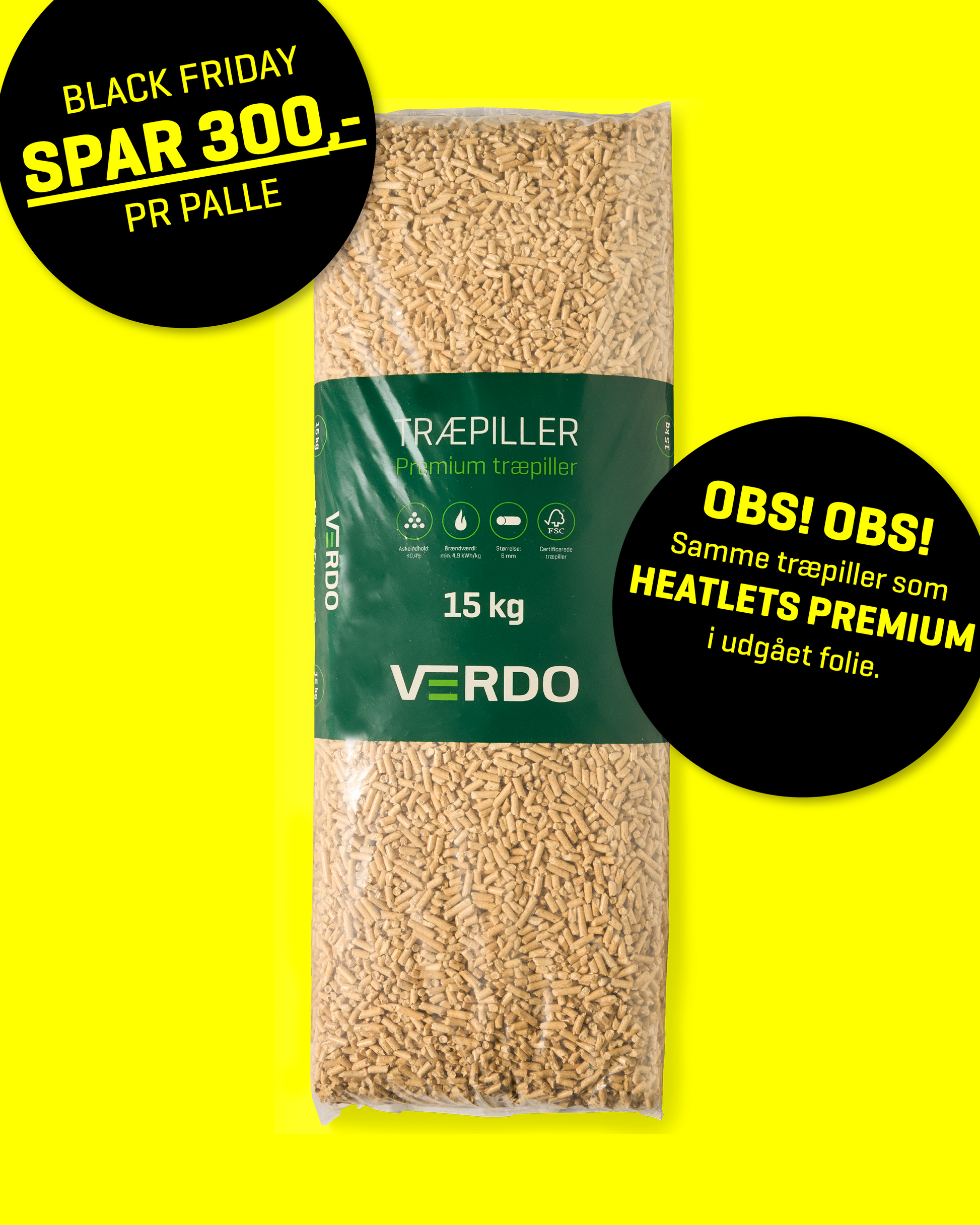 Verdo Premium træpiller 6 mm · 15 kg pr. pose · 900 kg pr. palle