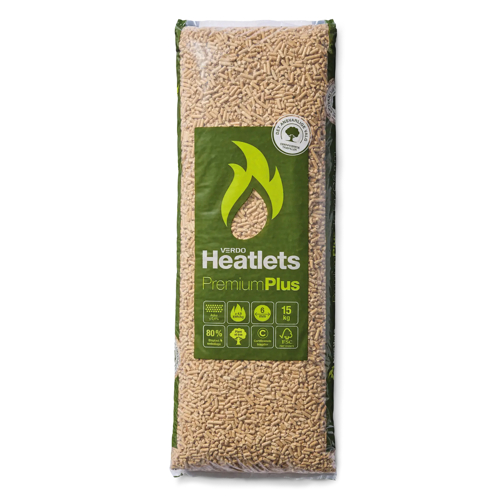 Heatlets PremiumPlus FSC® træpiller 6 mm · 15 kg pr. pose · 900 kg pr. palle